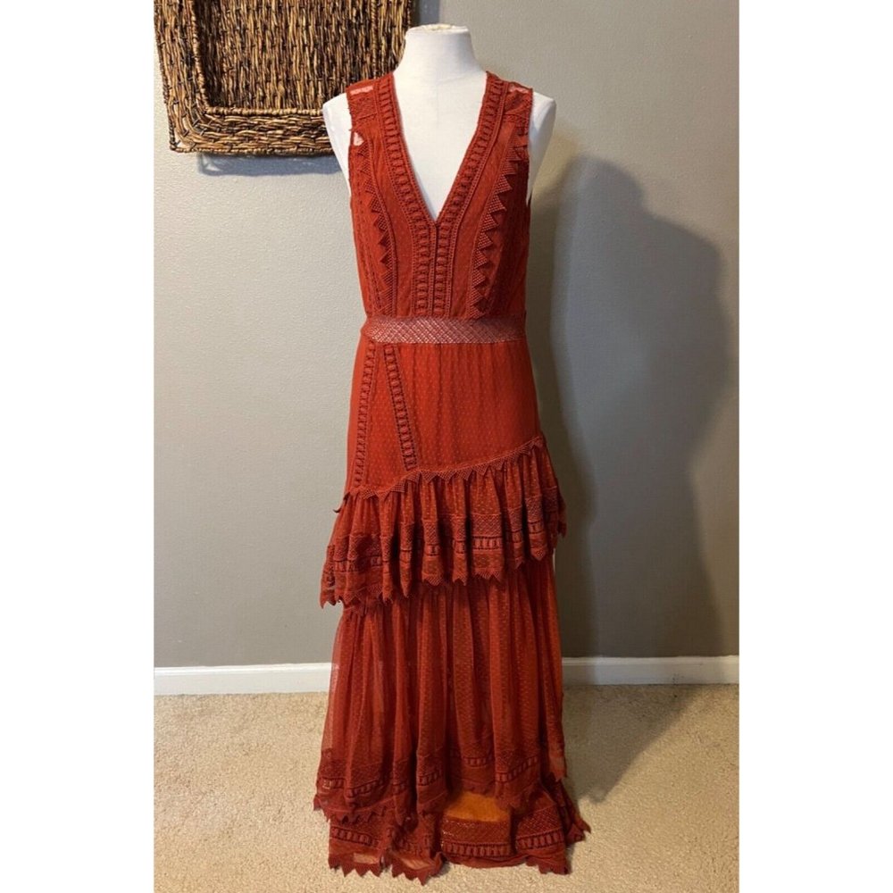 House of Harlow Sheer Tiered Maxi Dress M Medium Burnt Orange Festival - Picture 2 of 15